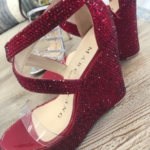 Red Rhinestone Custom Marc Defang Wedges Sz 8